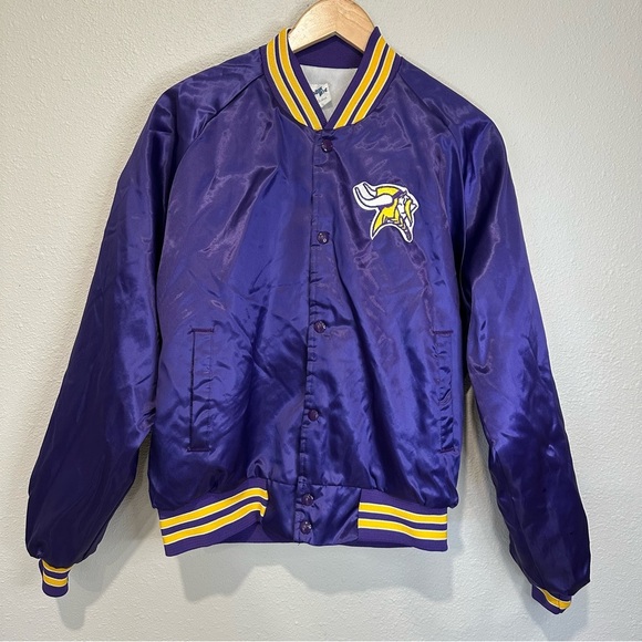Vintage Minnesota Vikings Purple Satin Bomber Jacket - Picture 2 of 13